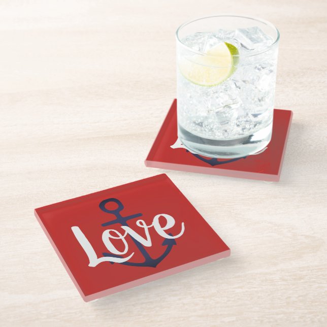 nautical ANCHOR + script LOVE | Glass Coaster (Angled)