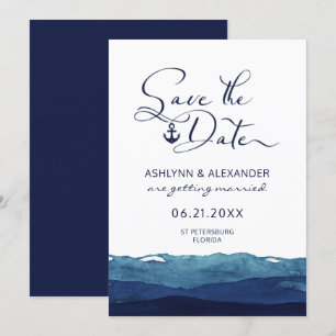 Nautical Anchor Script Typography Watercolor Navy Save The Date