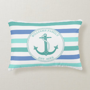 Nautical Anchor Seafoam Stripe Family Monogram Accent Pillow