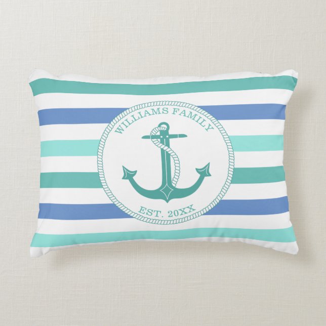 Nautical Anchor Seafoam Stripe Family Monogram Accent Pillow (Front)