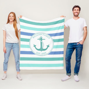 Nautical Anchor Seafoam Stripe Family Monogram Fleece Blanket