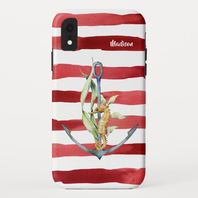 Nautical Anchor Seahorse and Red Stripes with Name Case-Mate iPhone Case (Back)