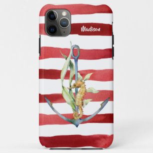 Nautical Anchor Seahorse and Stripes with Name iPhone 11 Pro Max Case
