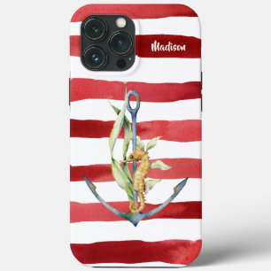 Nautical Anchor Seahorse and Stripes with Name iPhone 13 Pro Max Case