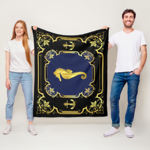 Nautical anchor/seahorse black/gold/blue fleece blanket