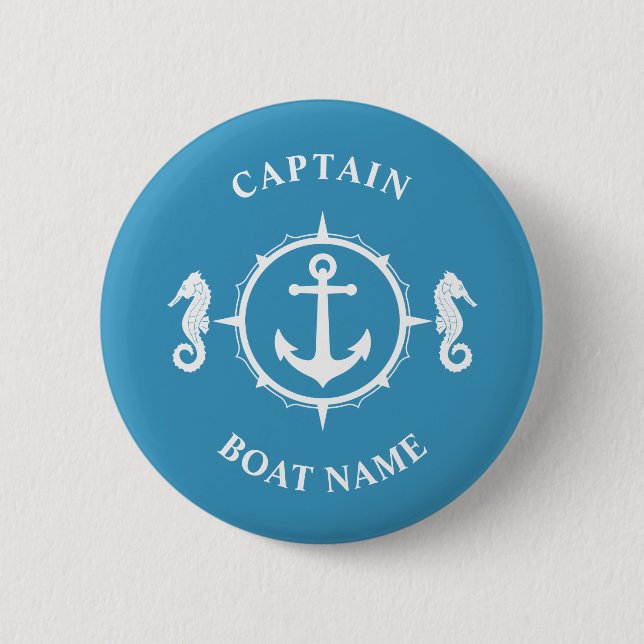 Nautical Anchor Seahorse Captain Boat Name Blue 2 Inch Round Button (Front)