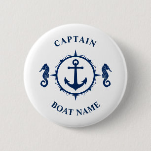 Nautical Anchor Seahorse Captain Boat Name Navy 2 Inch Round Button