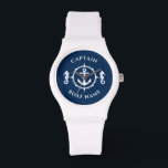 Nautical Anchor Seahorse Captain Boat Name Navy Watch<br><div class="desc">A Nautical Anchor and Seahorse with Captain Rank or other title and Your Name or Boat Name on a Stylish Wrist Watch. This personalized Pocket Watch will not just time but also is a fun conversation piece. Perfect for Father's Day but also makes a great gift for any occasion.</div>