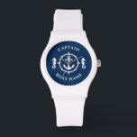 Nautical Anchor Seahorse Captain Boat Name Navy Watch<br><div class="desc">A Nautical Anchor and Seahorse with Captain Rank or other title and Your Name or Boat Name on a Stylish Wrist Watch. This personalized Pocket Watch will not just time but also is a fun conversation piece. Perfect for Father's Day but also makes a great gift for any occasion.</div>