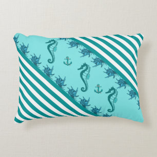 Nautical Anchor/Seahorse/shells and Aqua stripes Accent Pillow