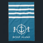 Nautical Anchor Seahorse Your Boat Name Aqua Blue Kitchen Towel<br><div class="desc">Custom Nautical Anchor with Seahorse and Your Personalized Boat Name on a Navy Aqua Blue Kitchen Towel.</div>