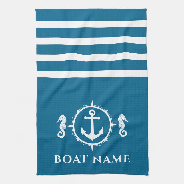 Nautical Anchor Seahorse Your Boat Name Aqua Blue Kitchen Towel (Vertical)