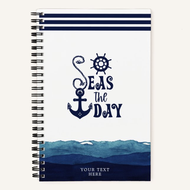 Nautical Anchor SEAS THE DAY Watercolor Waves Notebook (Front)