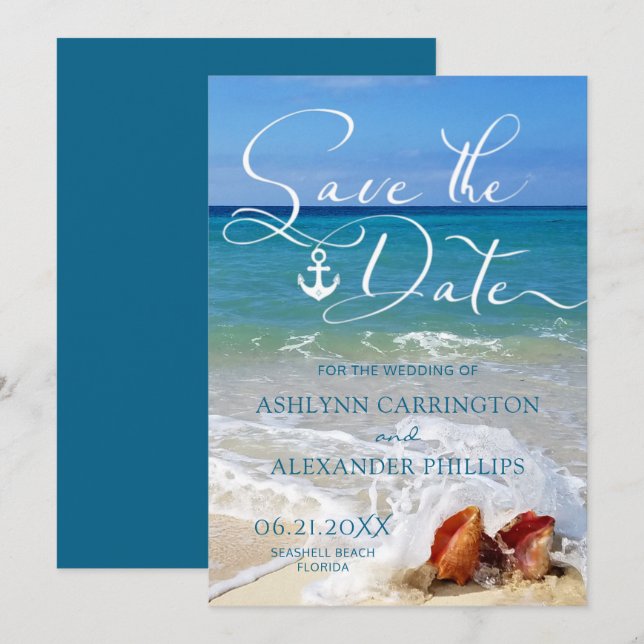 Nautical Anchor Seashells on Beach or Your Photo Save The Date (Front/Back)