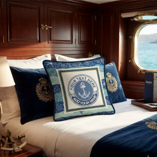 Nautical Anchor & Shells Monogram Navy Teal Throw Pillow