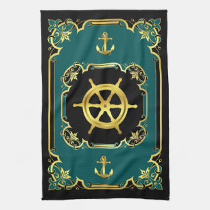 Nautical anchor/ship wheel gilded black/gold/aqua kitchen towel