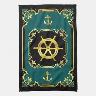 Nautical anchor/ship wheel gilded black/gold/aqua kitchen towel