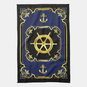Nautical anchor/ship wheel gilded black/gold/blue kitchen towel