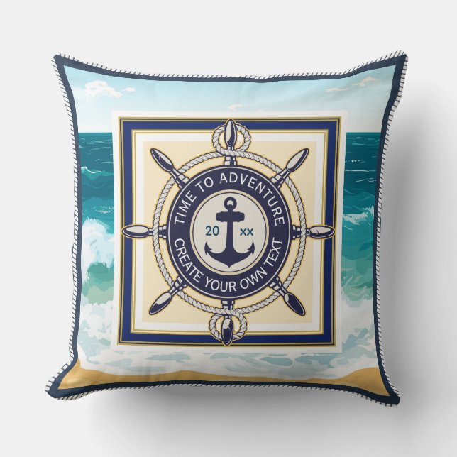 Nautical Anchor Ship Wheel Ocean Beach Custom Throw Pillow (Front)