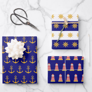 Nautical anchor & ship wheel pattern on navy blue  wrapping paper sheet