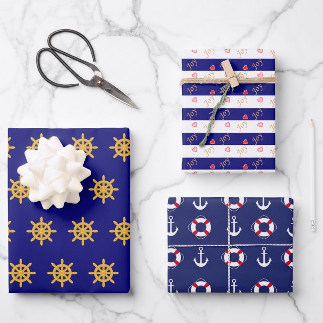 Nautical anchor & ship wheel pattern on navy blue wrapping paper sheet (Front)