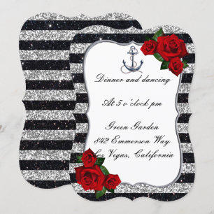 Nautical Anchor Silver Black Stripe Reception Card