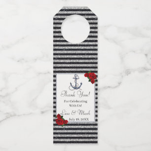 Nautical Anchor Silver Black Stripes Wedding Bottle Tag