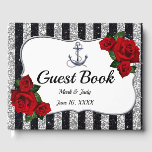 Nautical Anchor Silver Black Stripes Wedding Guest Book