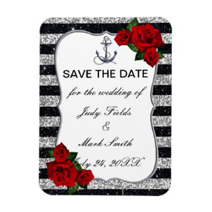 Nautical Anchor Silver Black Stripes Wedding Magnet