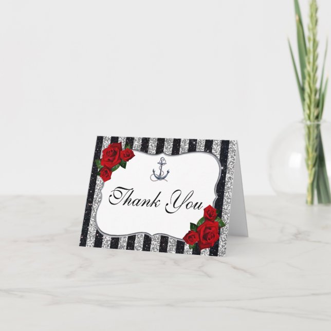 Nautical Anchor Silver Black Stripes Wedding Thank You Card (Front)