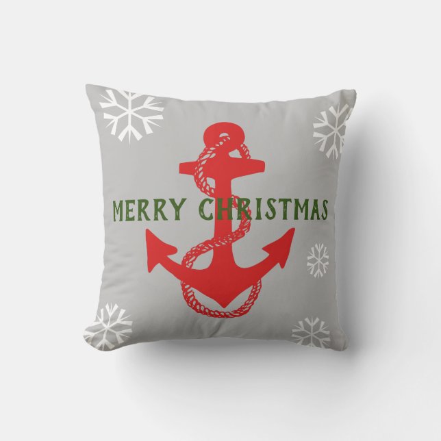 nautical ANCHOR + SNOWFLAKES w/ MERRY CHRISTMAS | Throw Pillow (Front)