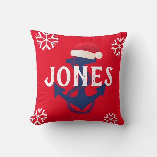 nautical ANCHOR + SNOWFLAKES with SANTA HAT | Throw Pillow (Front)