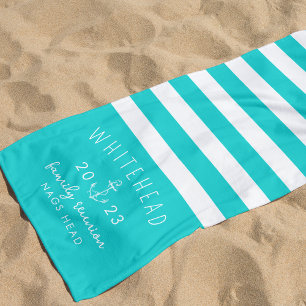 Nautical Anchor Stripe Aqua Blue Monogram Beach Towel