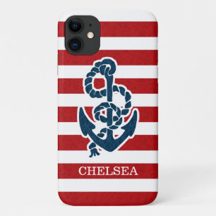 Nautical Anchor Stripe Pattern and Name iPhone 11 Case
