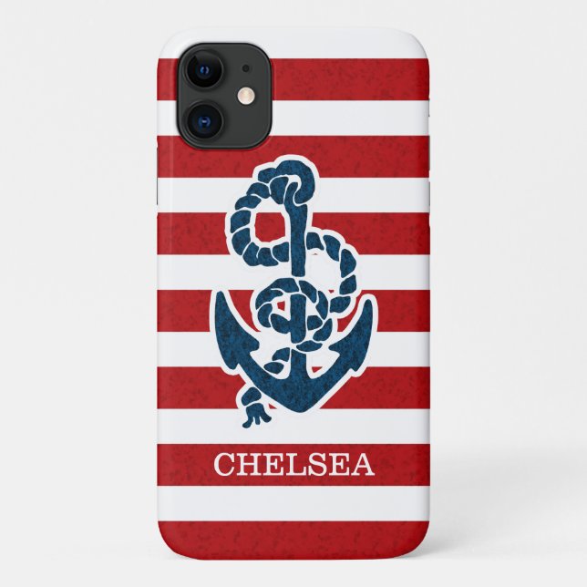 Nautical Anchor Stripe Pattern and Name Case-Mate iPhone Case (Back)
