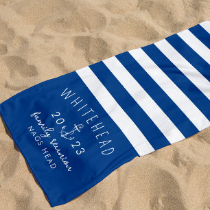 Nautical Anchor Stripe Royal Blue Monogram Beach Towel