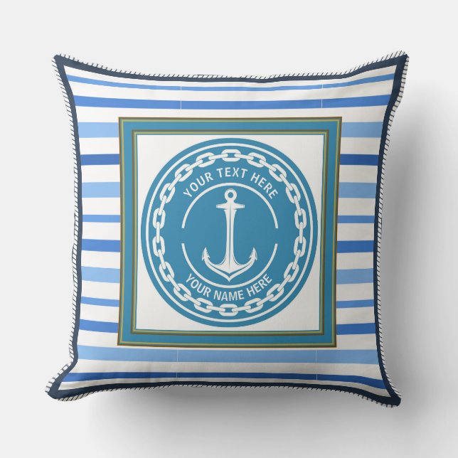 Nautical Anchor Striped Coastal Throw Pillow (Front)