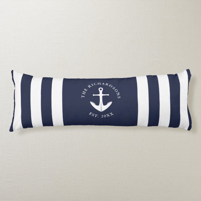 Nautical Anchor Striped Navy Blue and White Body Pillow (Front)