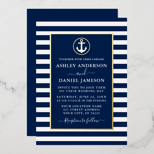 Nautical Anchor Stripes Wedding Blue Gold (Front/Back)