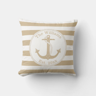 Nautical Anchor Tan White Stripes Family Name Outdoor Pillow