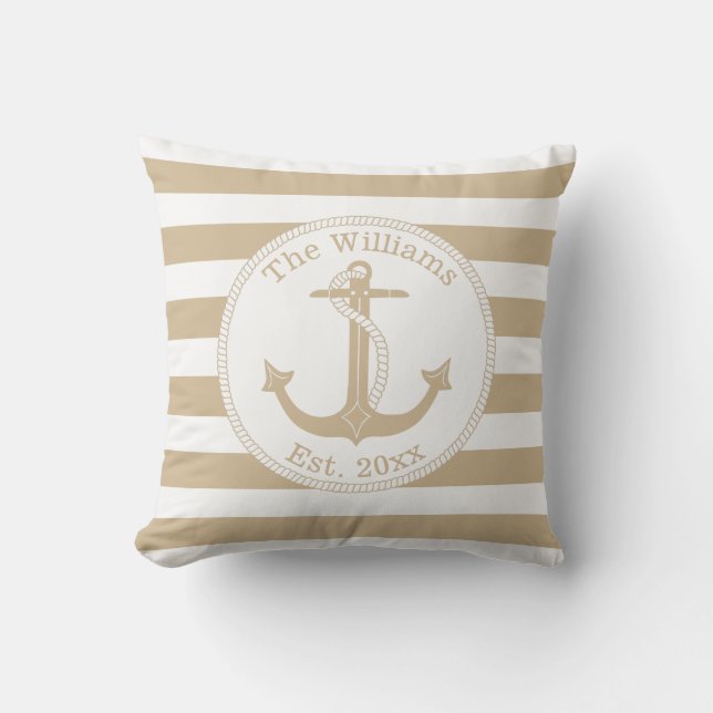 Nautical Anchor Tan White Stripes Family Name Outdoor Pillow (Front)