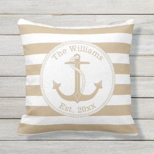 Nautical Anchor Tan White Stripes Family Name Outdoor Pillow