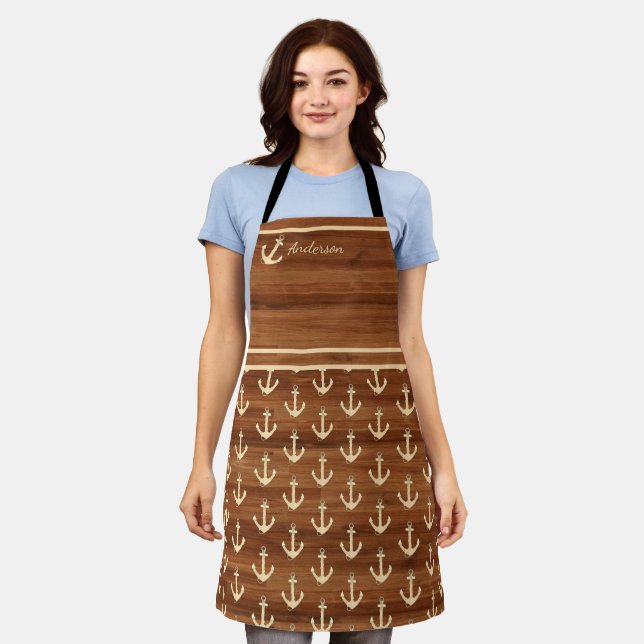 Nautical anchor teal blue white grey monogram name apron (Worn)