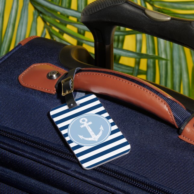 Nautical anchor travel luggage tag with stripes (Front Insitu 1)