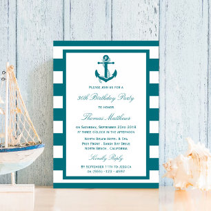 Nautical Anchor Turquoise Stripes Beach Birthday Invitation