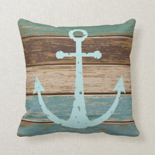 Nautical Anchor Weathered Wood Coastal Themed Throw Pillow