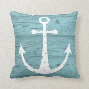 Nautical Anchor Weathered Wood Turquoise Throw Pillow