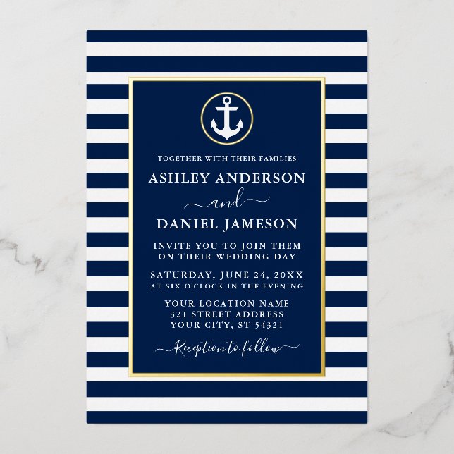 Nautical Anchor Wedding Blue Stripes Gold (Front)