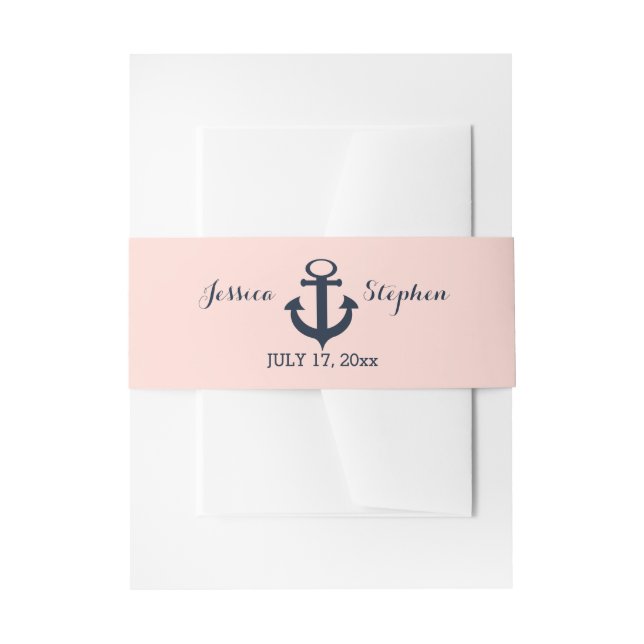 Nautical Anchor Wedding Blush and Navy Blue Invitation Belly Band (Front Example)