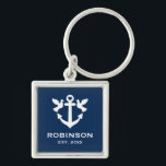 Nautical anchor wedding gift premium square keychain<br><div class="desc">Nautical anchor wedding gift premium square keychain. Navy blue and white anchor design with heart and doves. Add your own family name and established year date. Elegant typography template key chain for newly weds,  couple,  bride and groom,  friends,  guests,  sailor,  skipper etc.</div>